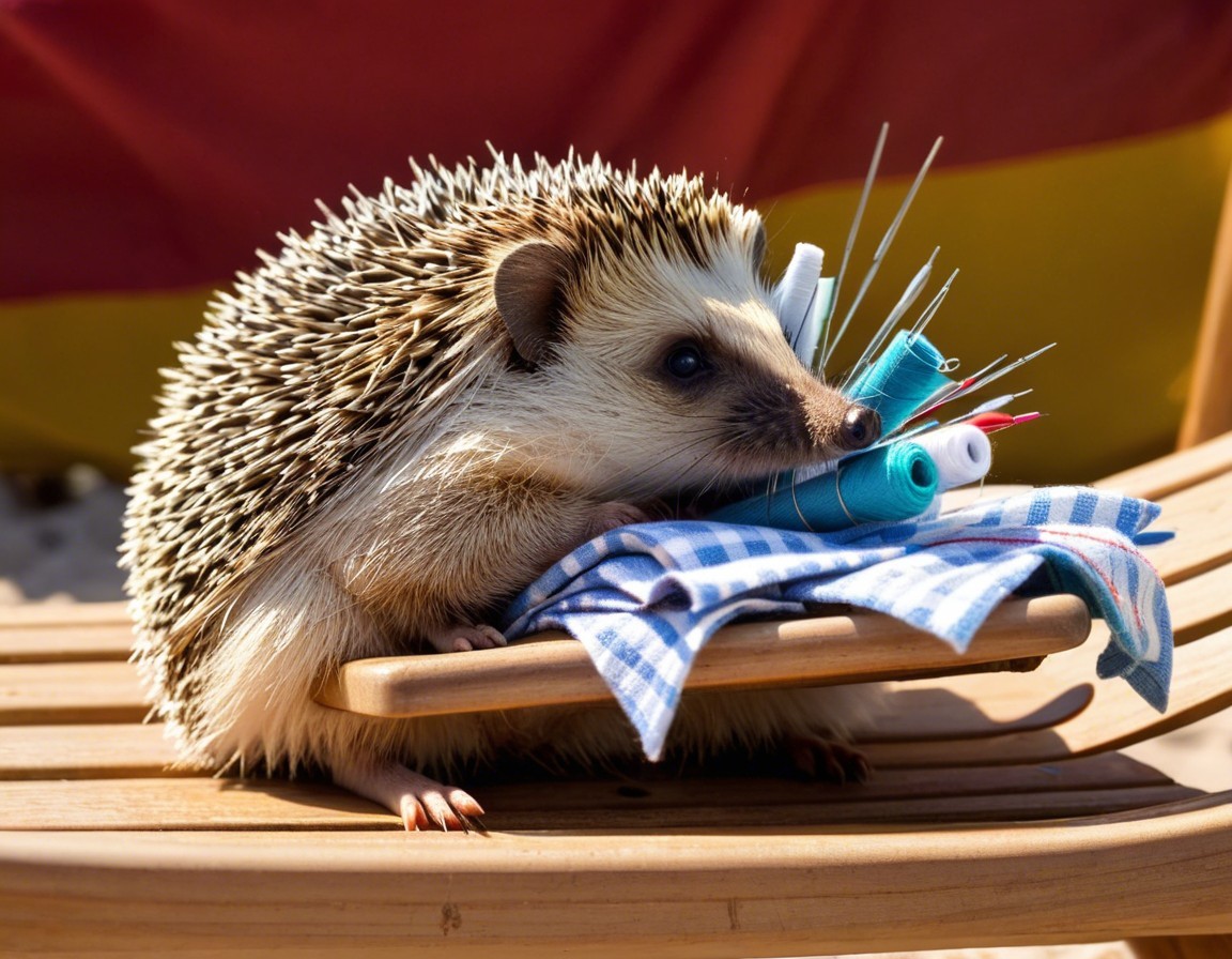 Hedgehog on Wooden Surface with Sewing Supplies