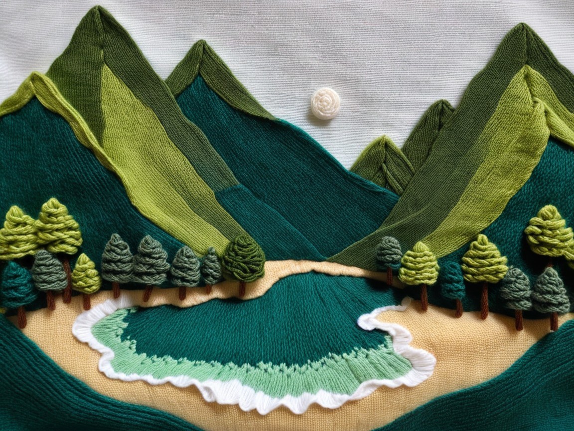 Embroidered Landscape with Mountains, Lake, and Trees