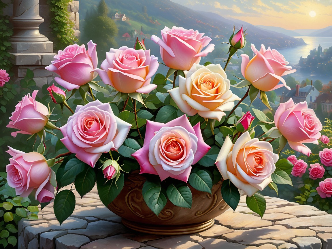 Pink and peach roses in a decorative vase with sunset.