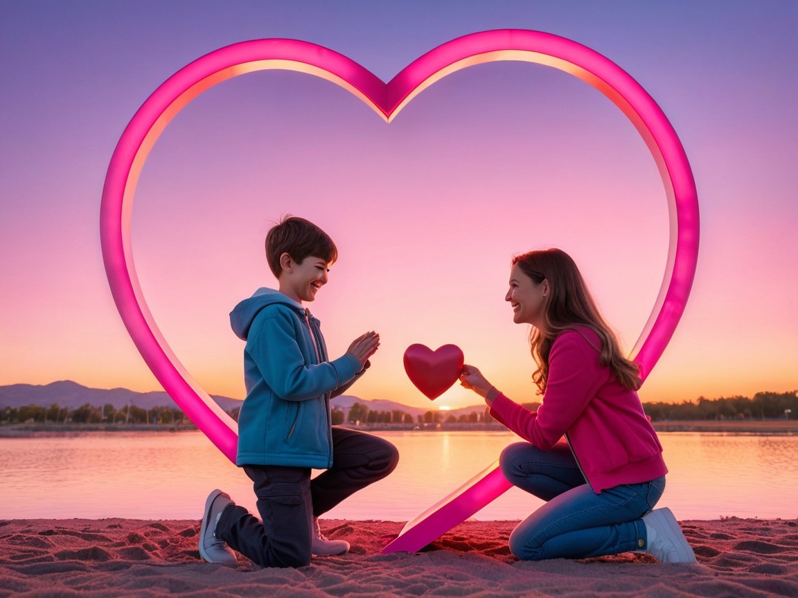 Kneeling by a Heart Structure at Sunset by a Lake