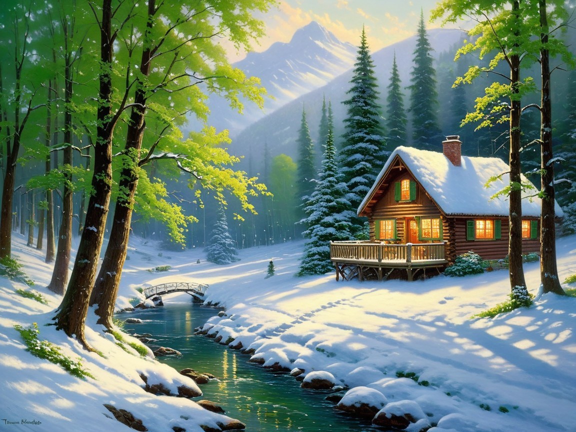 Winter Landscape with Cabin and Snowy River Scene