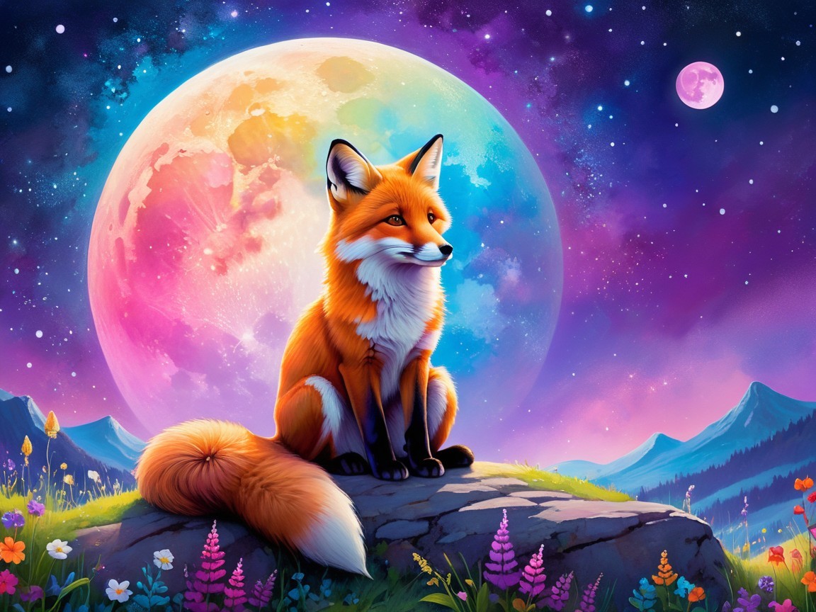 Majestic orange fox in a vibrant night landscape
