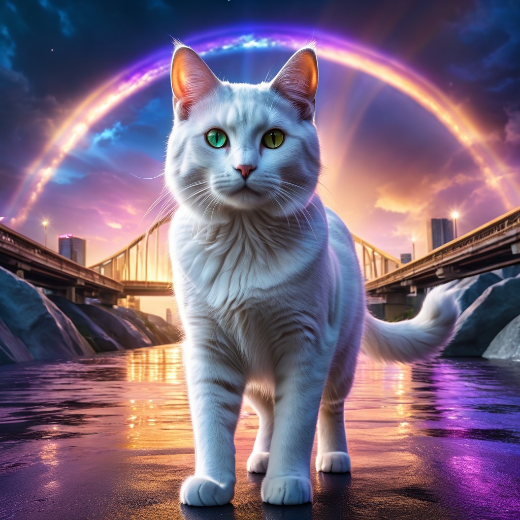 Majestic white cat by riverside at sunset with skyline