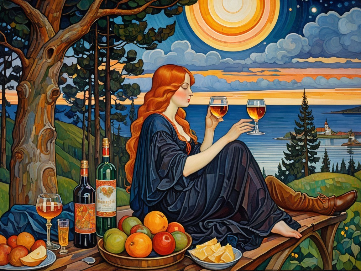 Redhead Woman in Dark Dress at Outdoor Picnic Scene