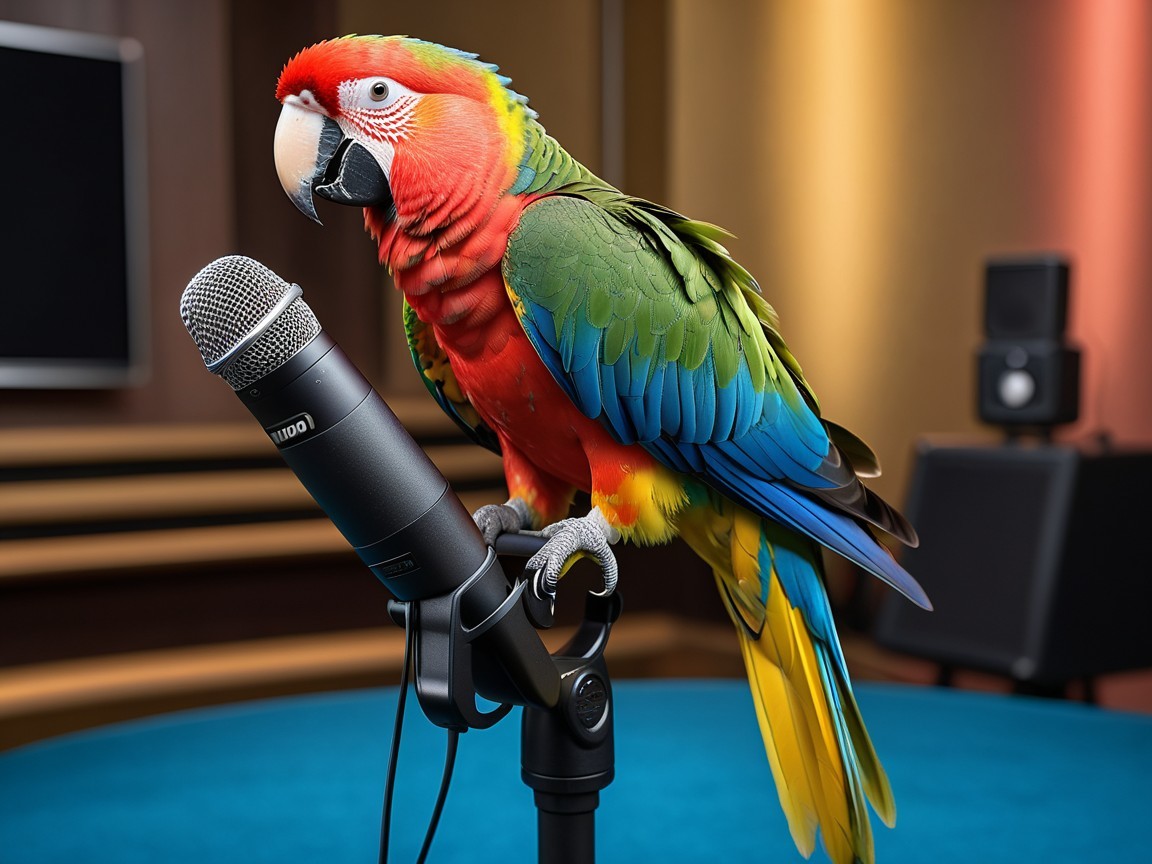Colorful Macaw Perched on Microphone in Studio Setting