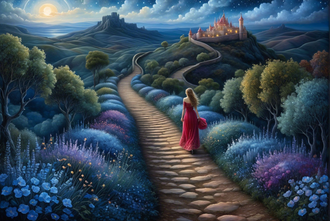 Blonde Woman in Red Gown Approaching Stone Castle