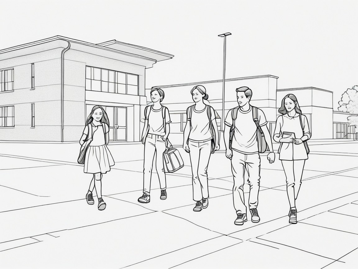 Family of five walking by modern building in black and white