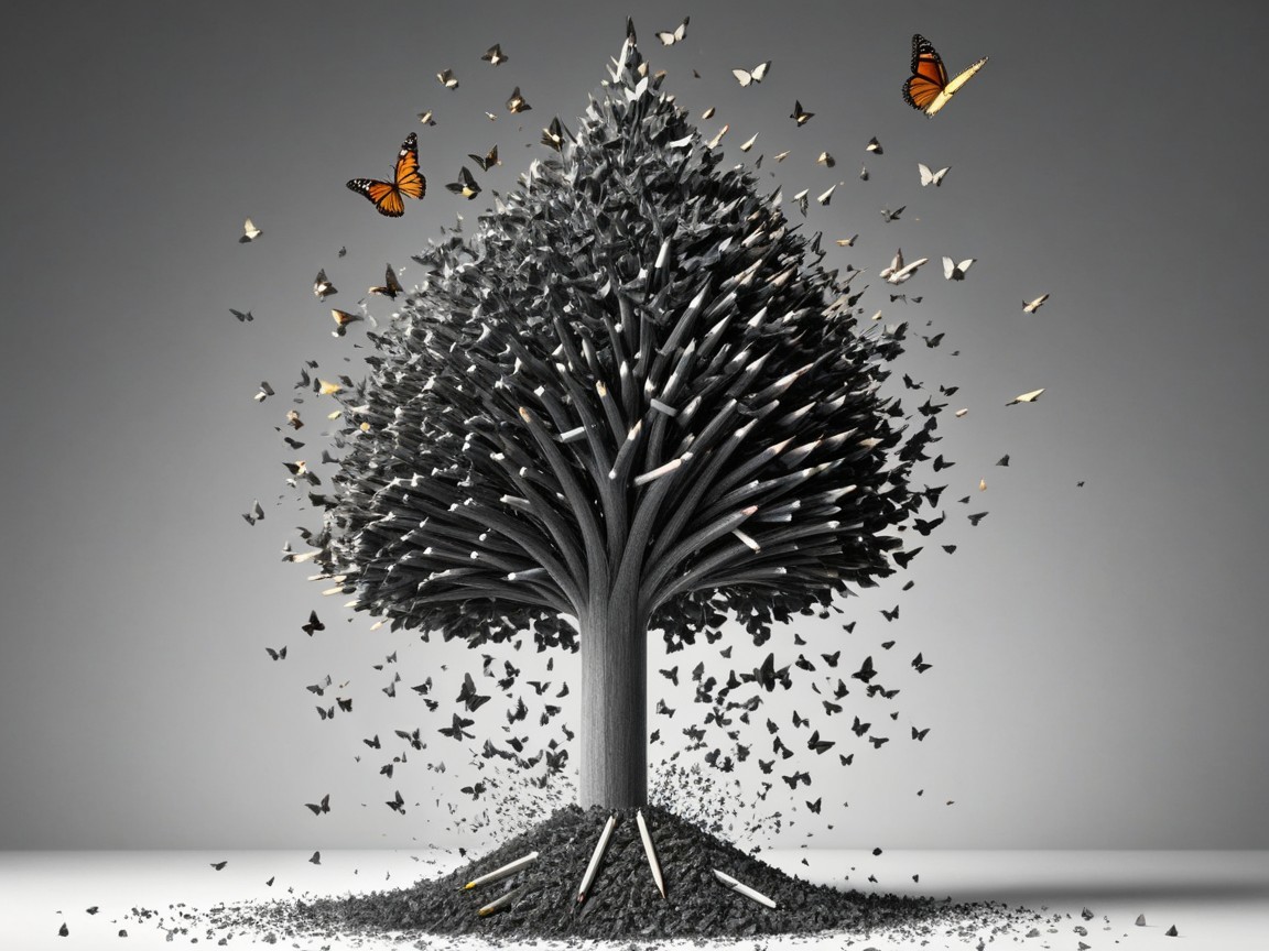 Black and white pencil sculpture of a tree with butterflies