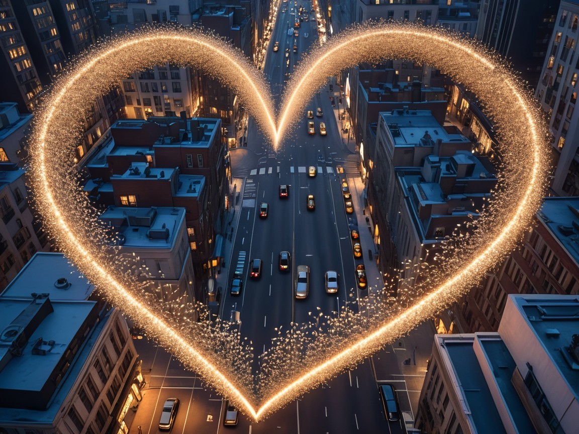 Aerial View of a City Street at Dusk with Heart Shape