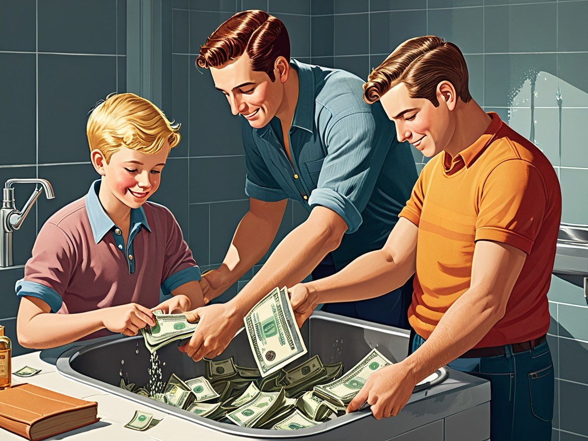 Father and Sons Playfully Handling Money in Sink