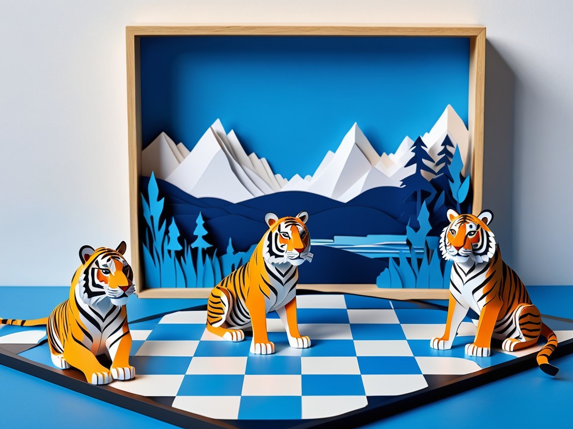 3D Paper Art Scene with Tigers on Chessboard