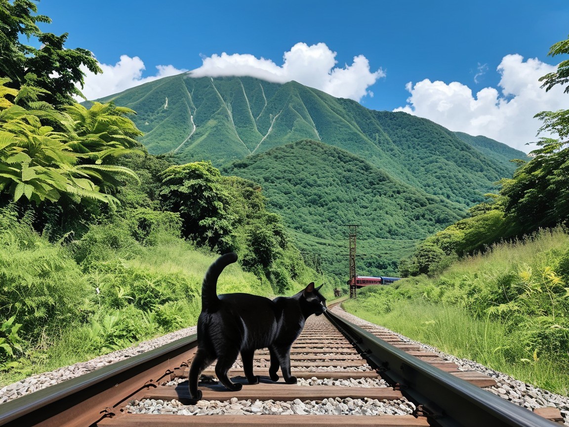 Black Cat on Train Tracks Amidst Scenic Landscape
