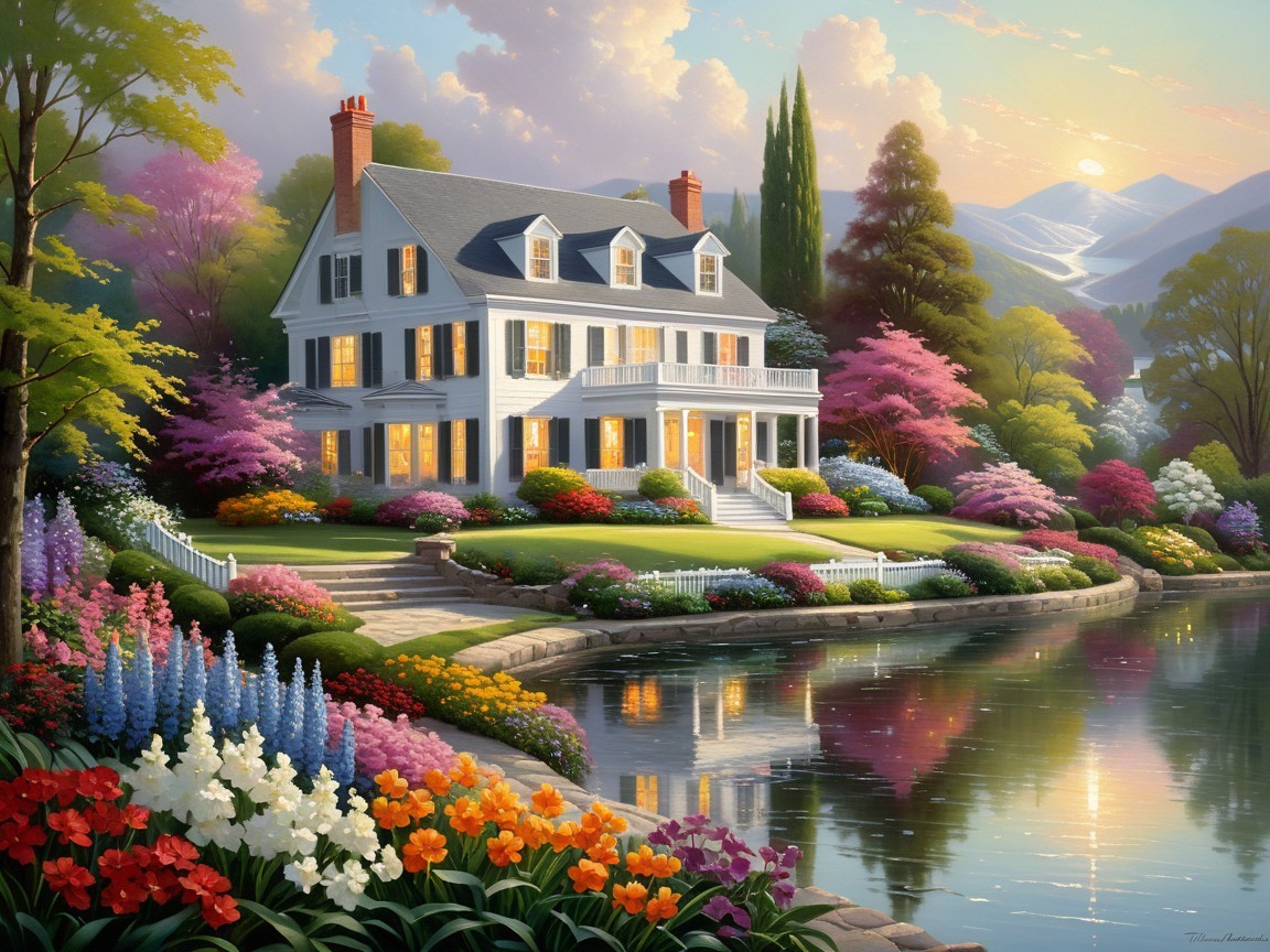 Vibrant Painting of a White House in a Colorful Garden