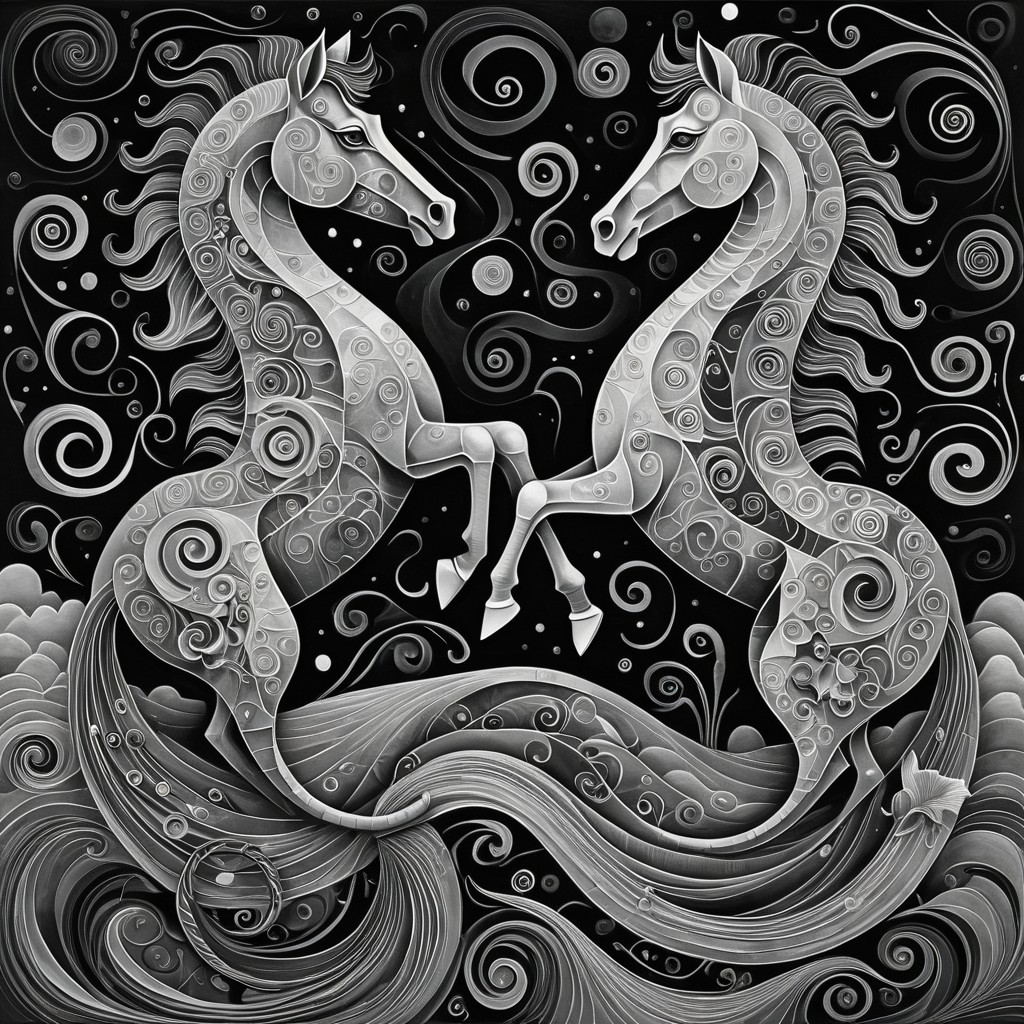 Grayscale Illustration of Intertwined Horses in Heart Shape