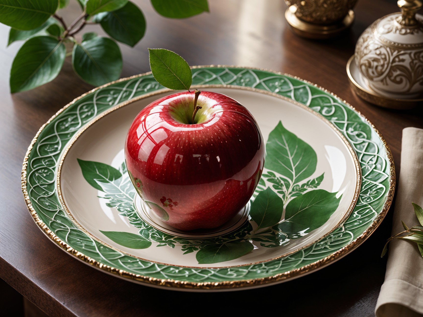 Vibrant Red Apple on Elegant Leaf-Motif Plate