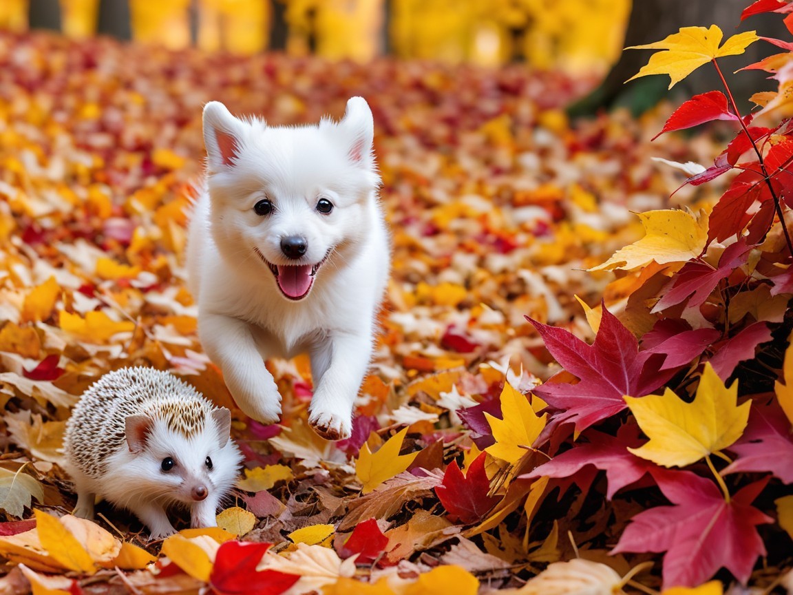 White Puppy and Hedgehog in Autumn Leaves Scene