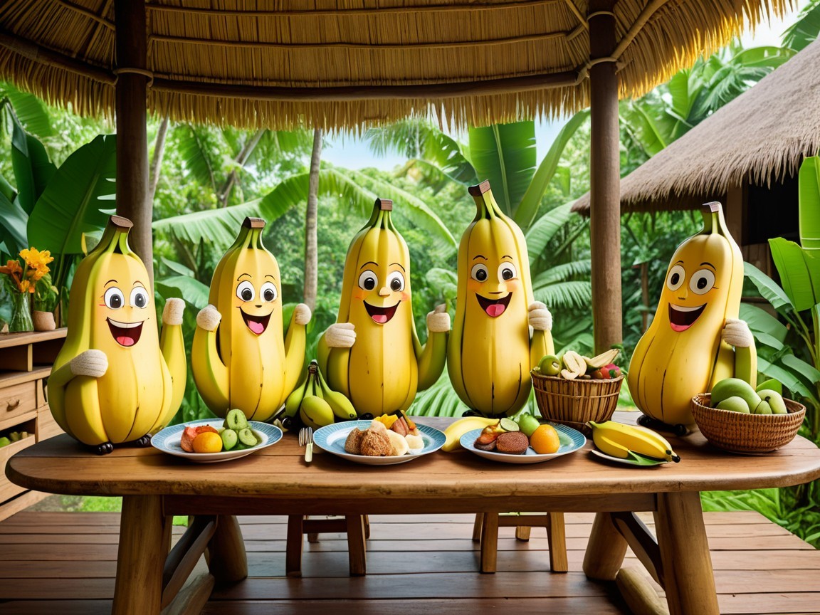 Cheerful Cartoon Bananas in a Tropical Feast Setting