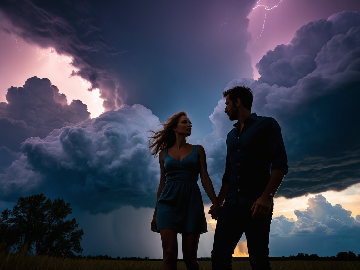 Couple Silhouetted Against Stormy Sky and Lightning