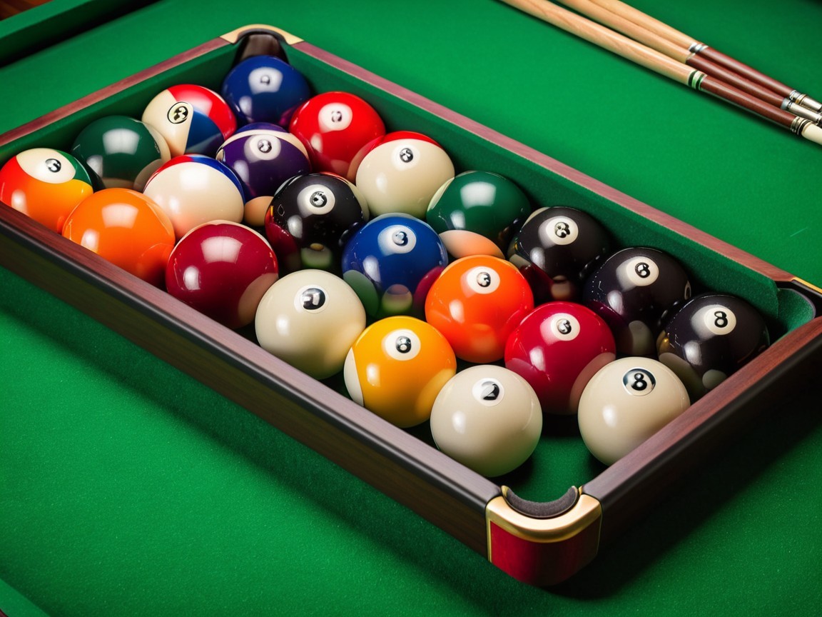 Billiard Balls in Triangle Rack on Green Pool Table