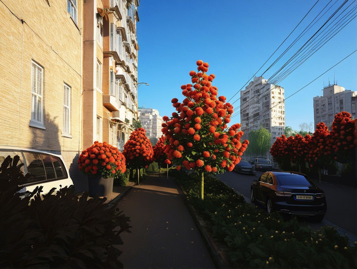 Vibrant Urban Street Scene with Orange Flowering Trees