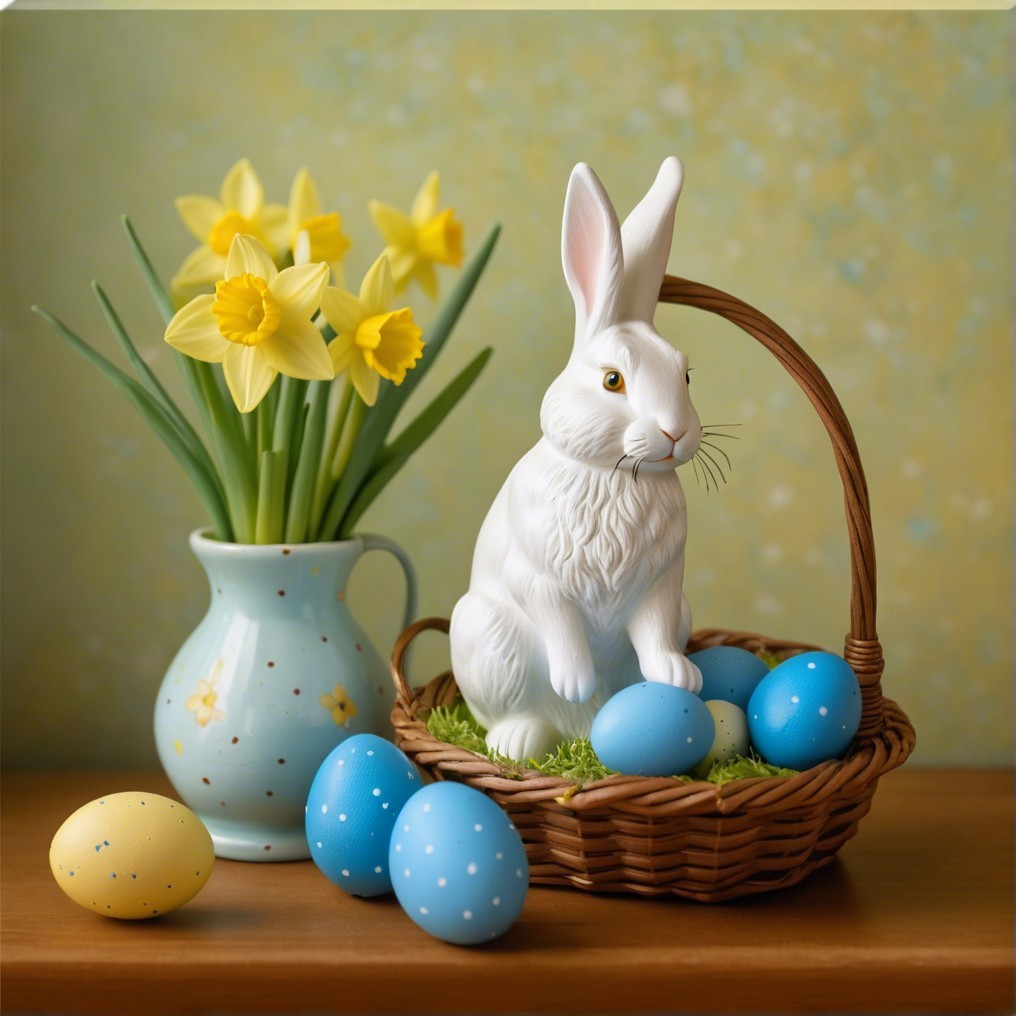 Spring Arrangement with Rabbit and Colorful Eggs