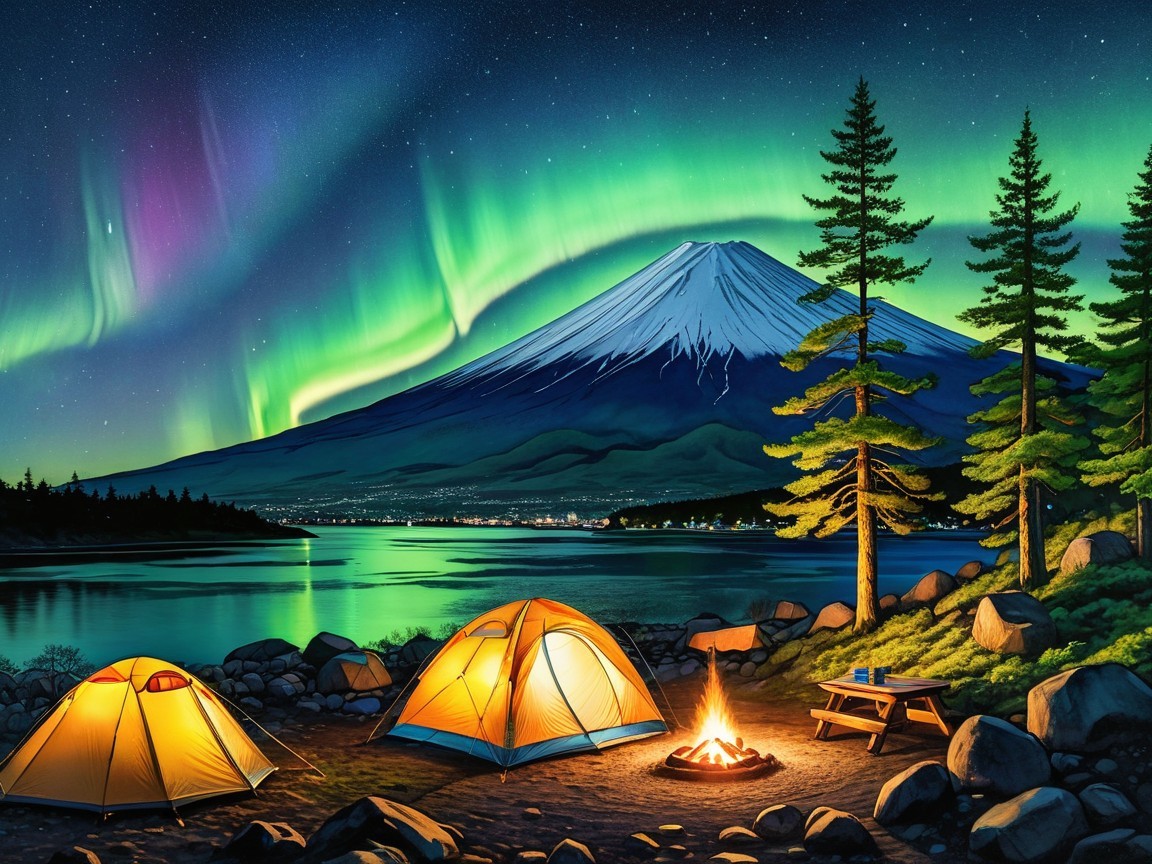 Serene Campsite by Tranquil Lake and Snow-Capped Mountain