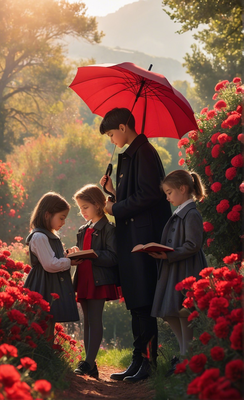 Children in a Garden with Red Flowers and Umbrella
