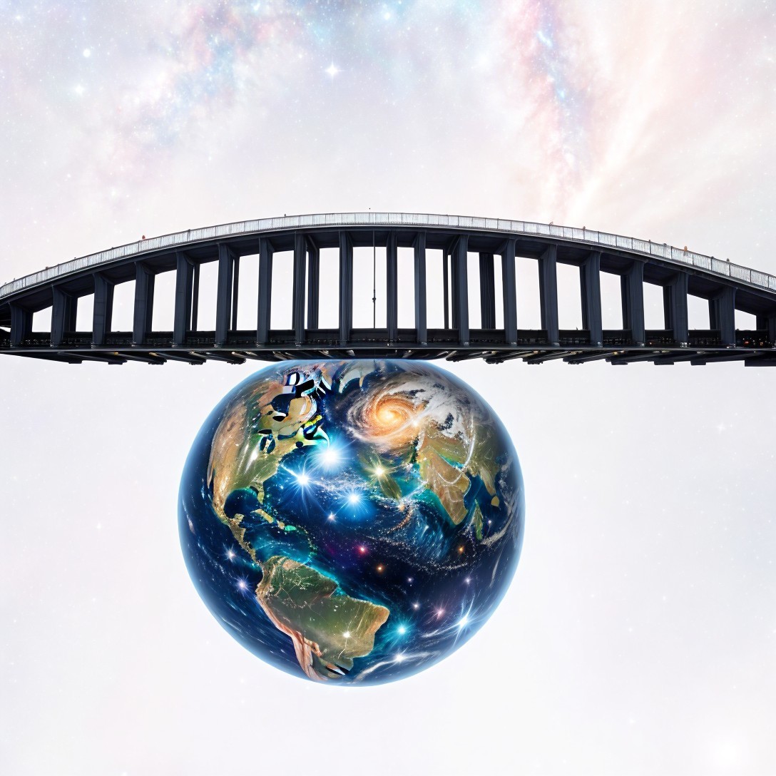 Modern Bridge Against Celestial Background with Earth Globe