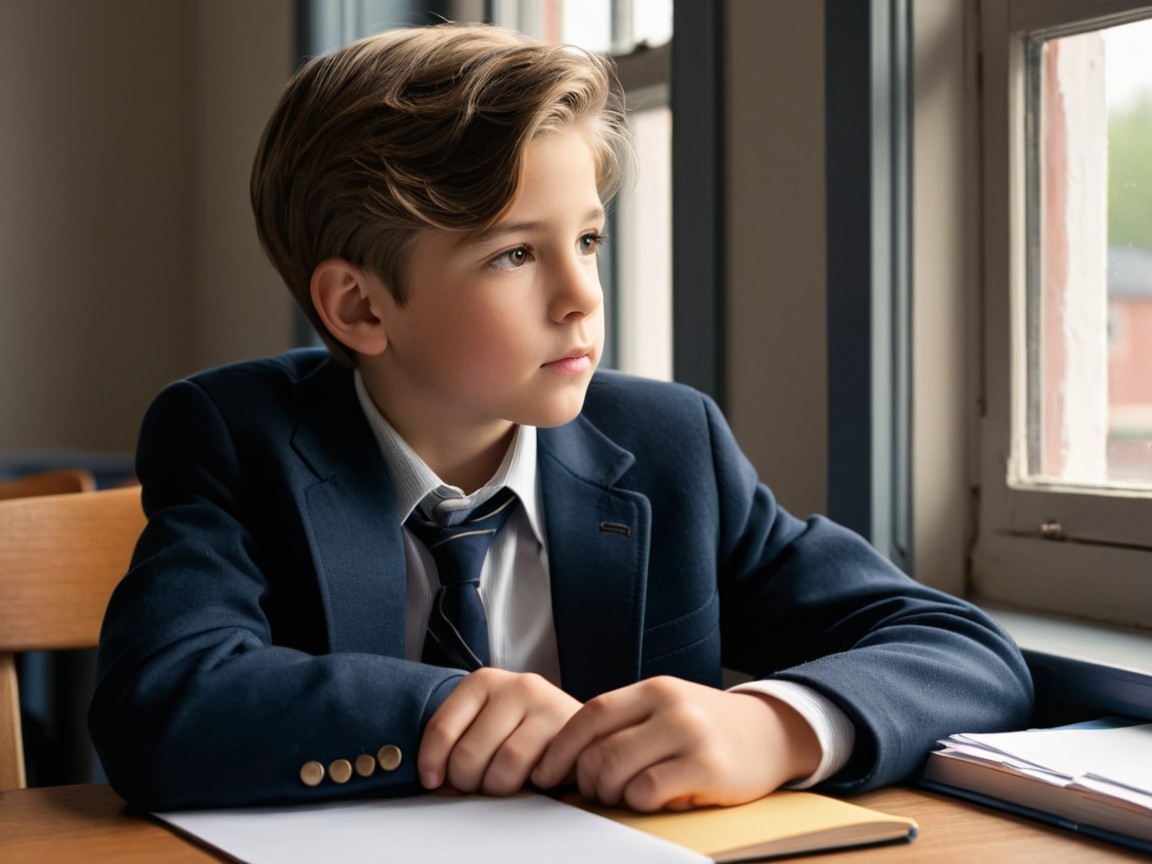 Young Boy in Navy Blazer at Wooden Desk by Window