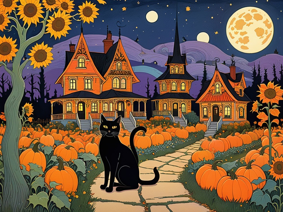 Moonlit Night with Cat, Sunflowers, and Pumpkins