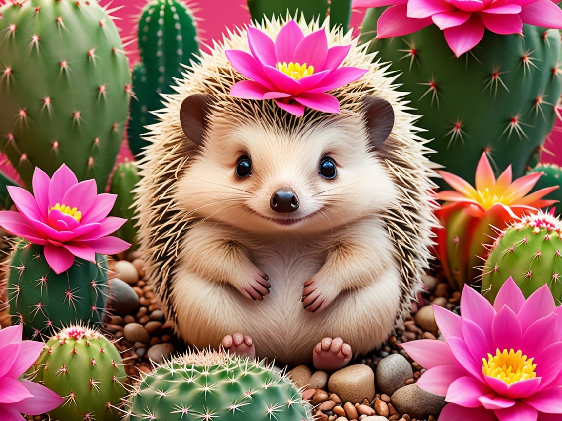 Hedgehog Surrounded by Colorful Cacti and Flowers