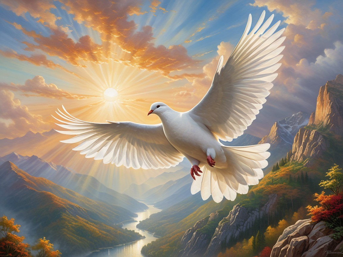 White Dove in Vibrant Sunset Sky Over Scenic Landscape