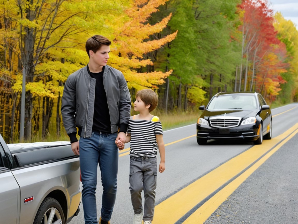 Young Man and Boy Walking on Autumn Tree-Lined Road
