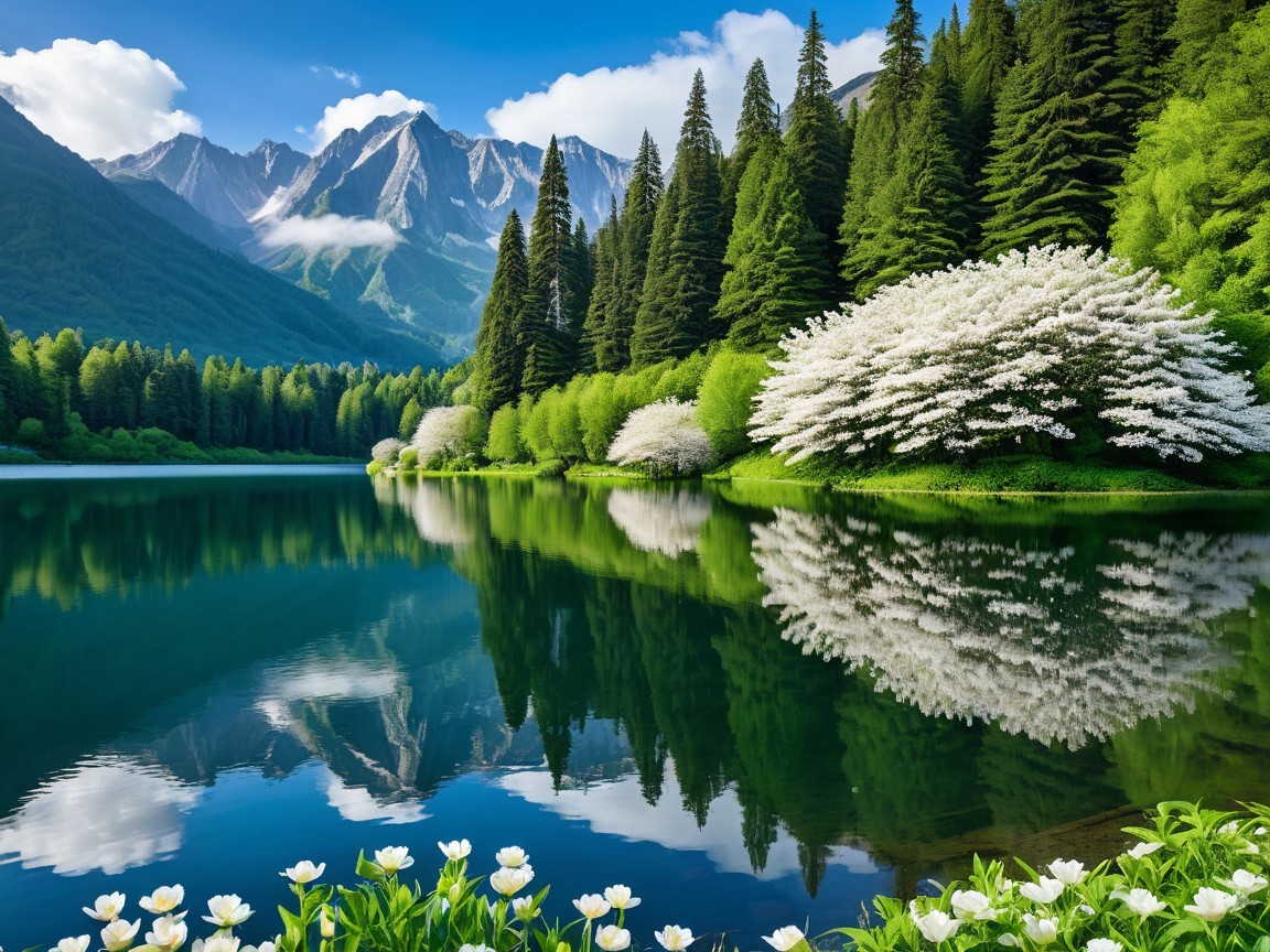 Serene Lake Surrounded by Forests and Mountains