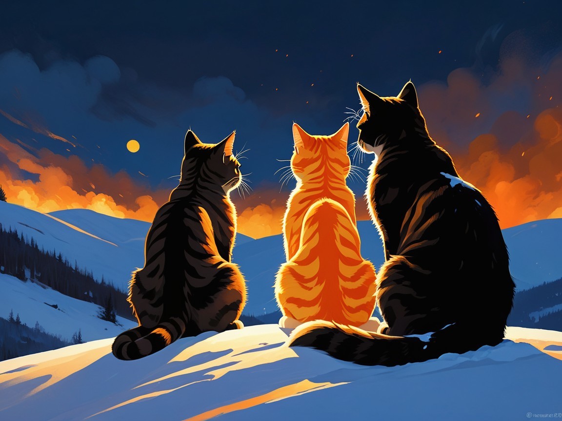 Three Cats on Snowy Hill at Sunset with Moon