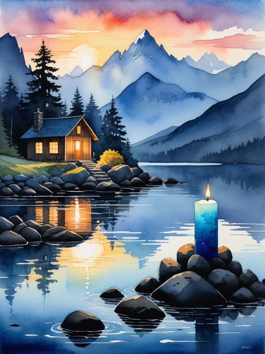 Cozy Cabin by Tranquil Lake at Sunset in Watercolor