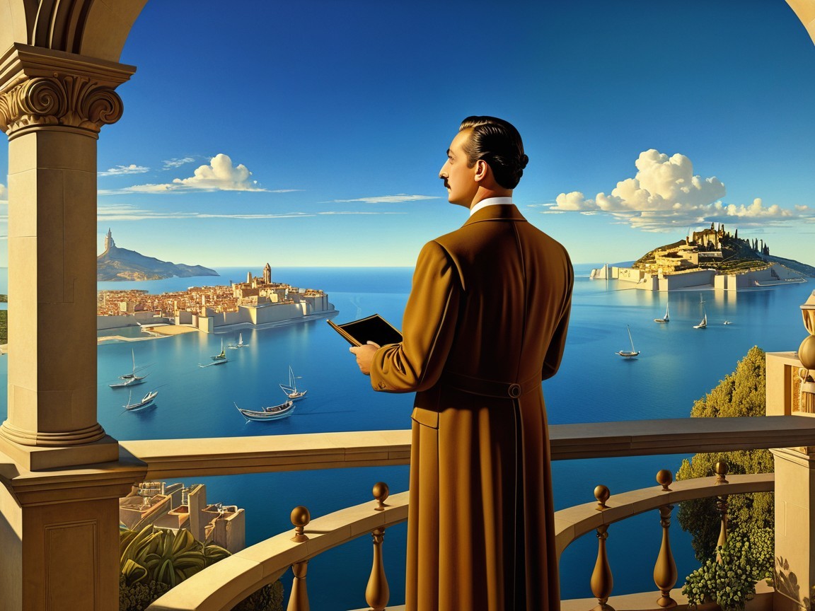 Man in Brown Coat Overlooks Serene Coastal City