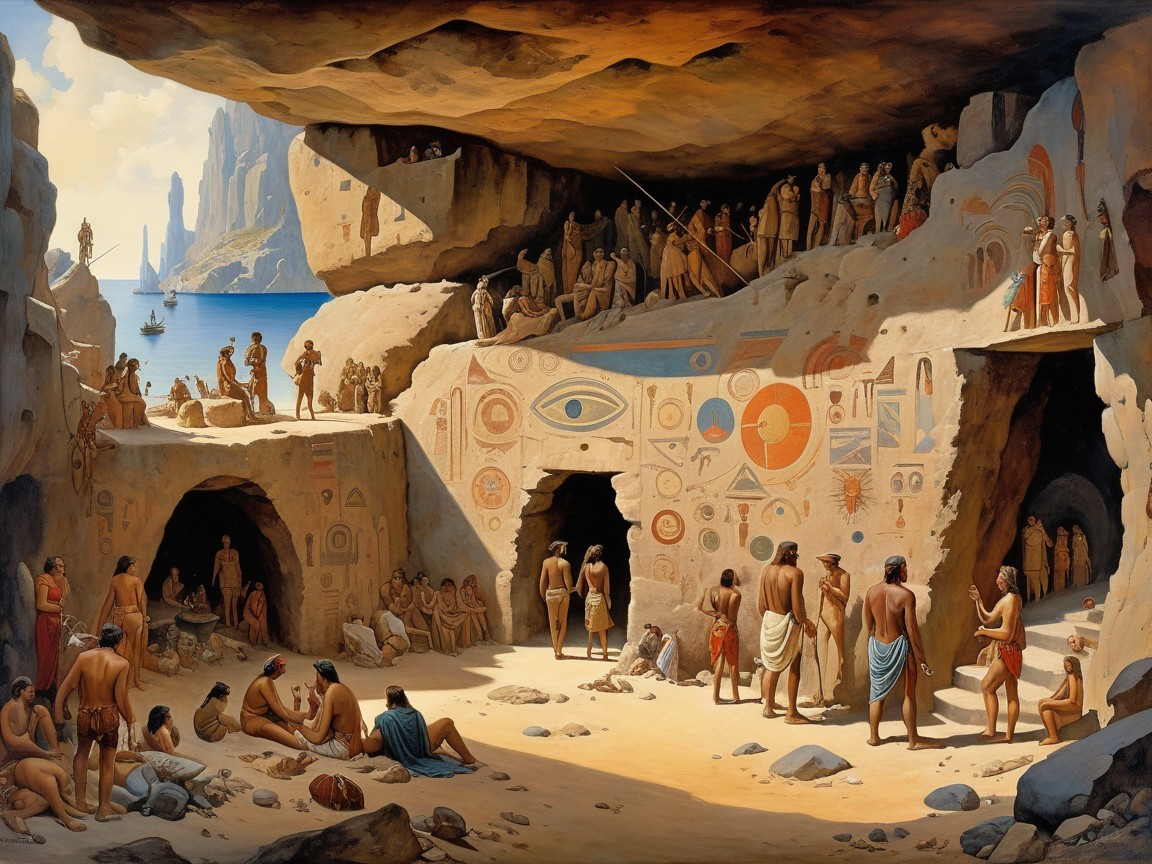 Ancient Stone Cave City by the Ocean in Oil Painting