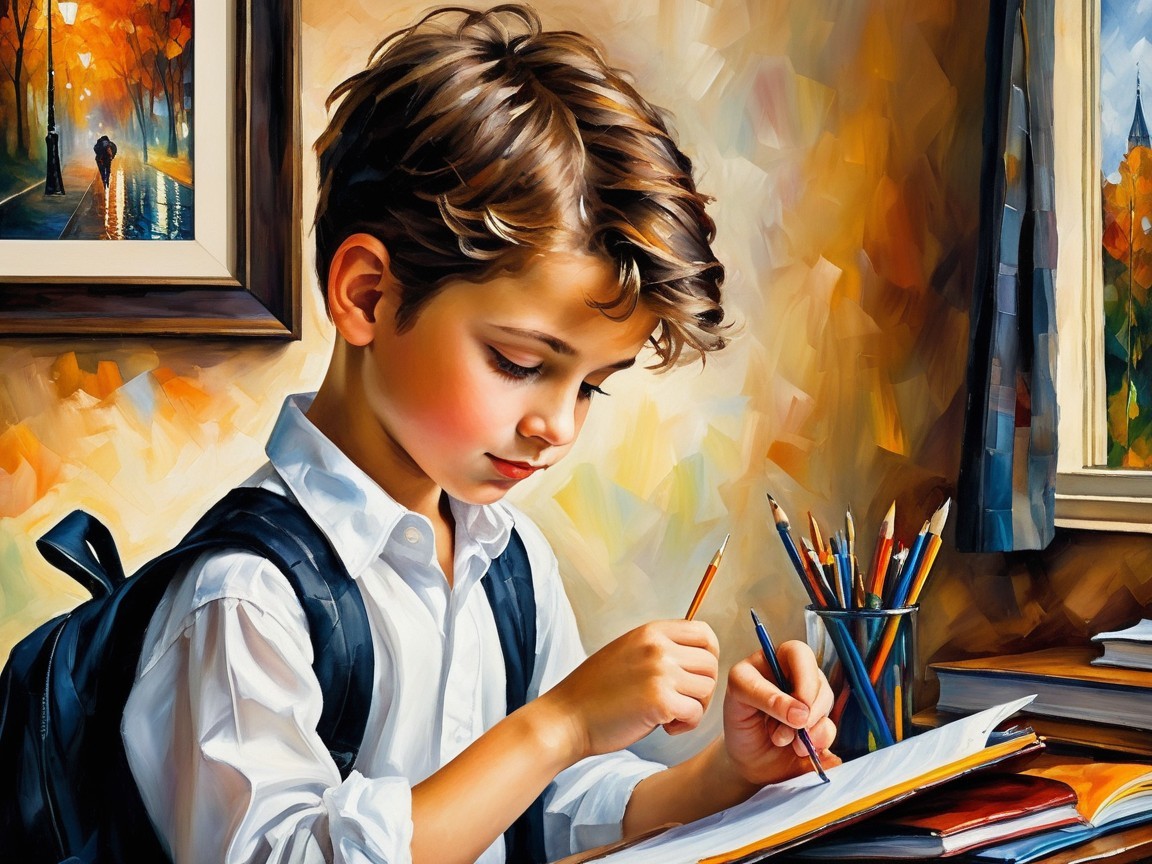 Fair-skinned boy writing with blue pen and brown pencil