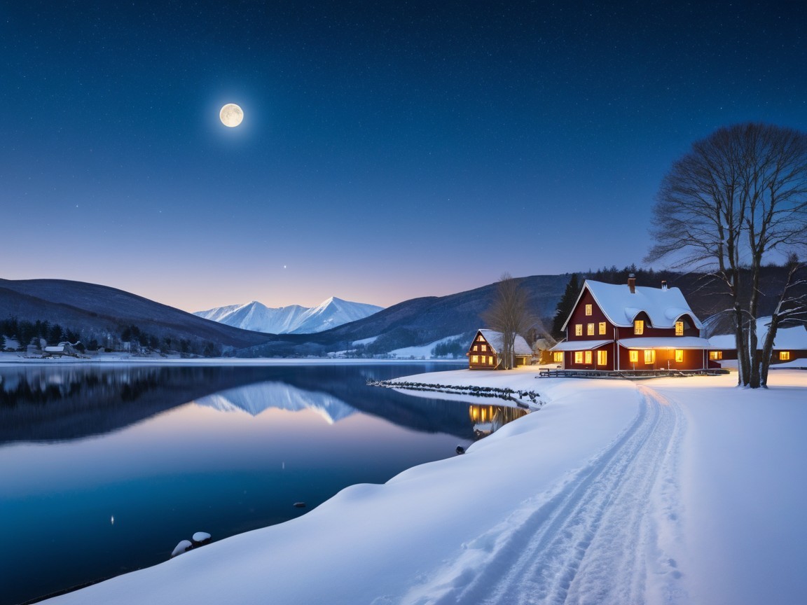 Tranquil Winter Scene with Moonlit Lake and Mountains