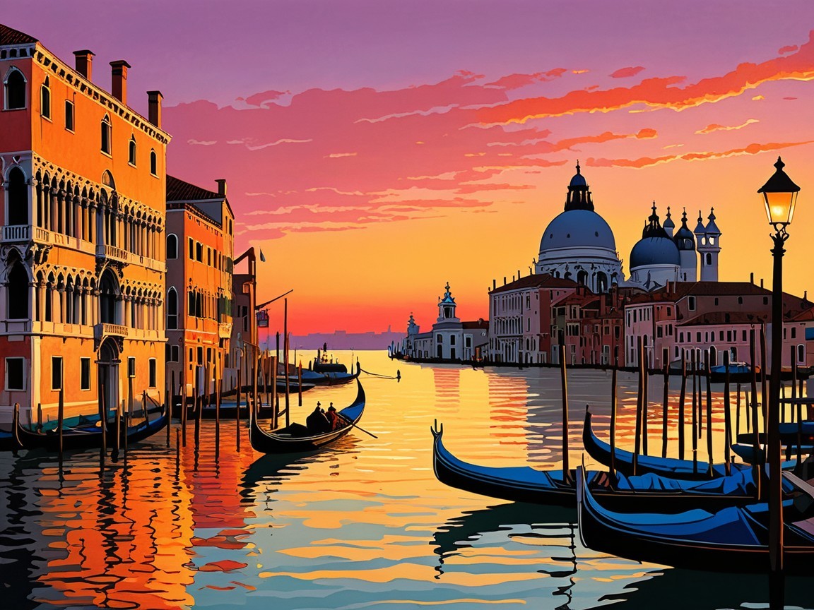 Sunset Over a Serene Venetian Canal with Gondolas