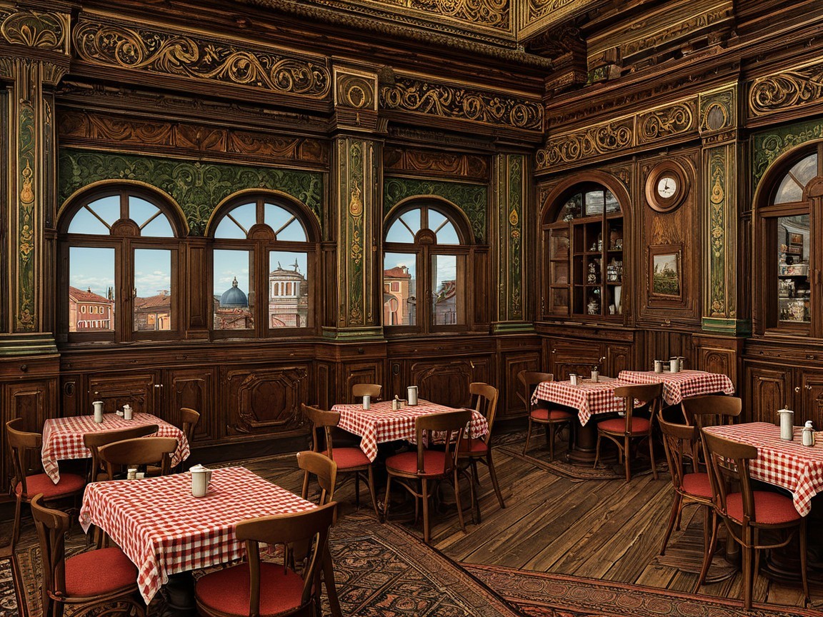 Ornate Restaurant Interior with Vintage Decor and Views