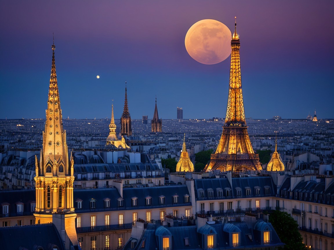 Paris Dusk View with Eiffel Tower and Full Moon