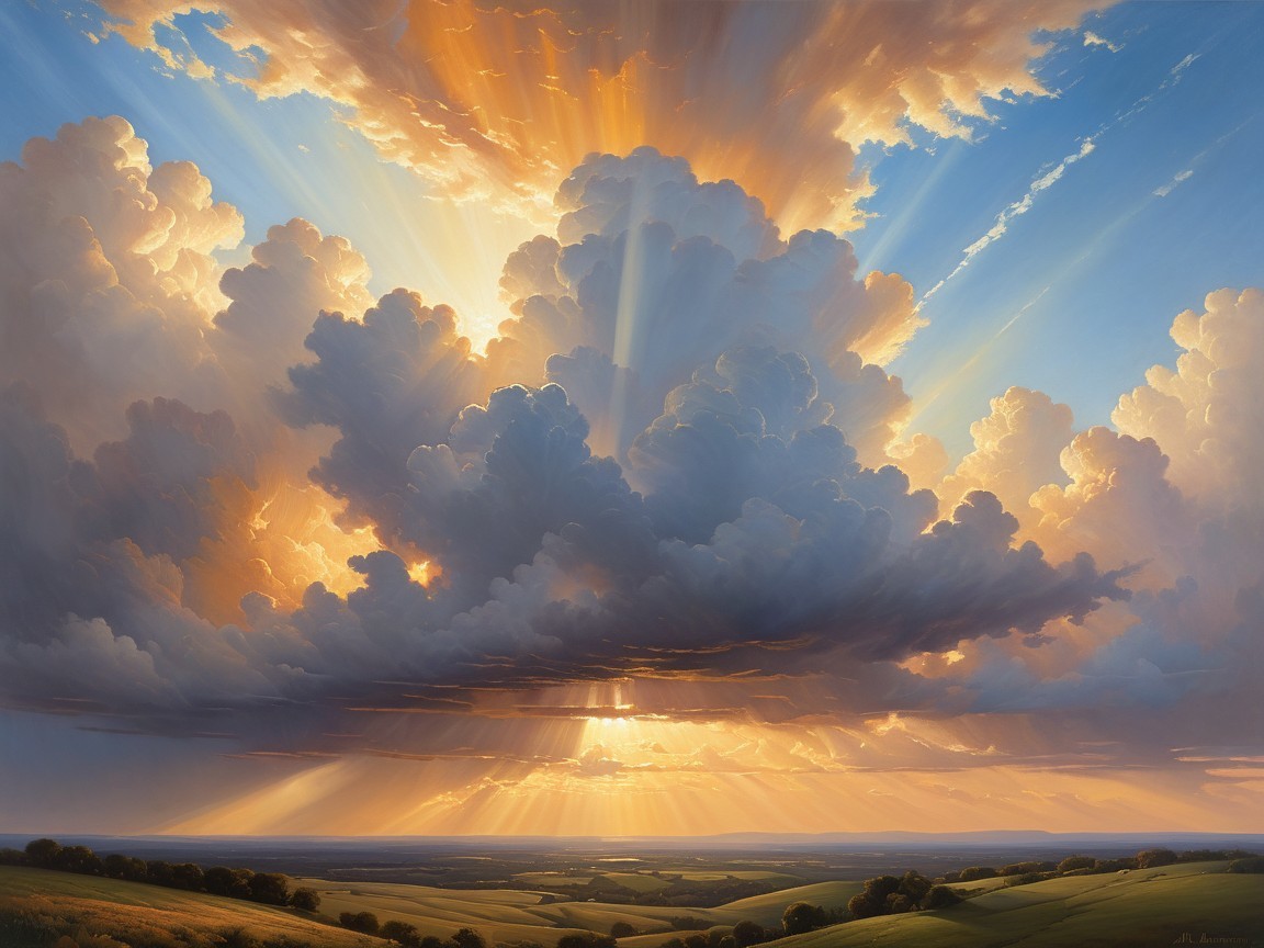 Dramatic Landscape with Golden Sunlit Clouds and Hills