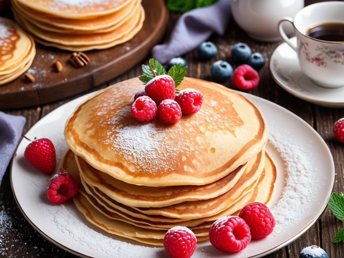 Fluffy pancakes with raspberries and tea breakfast scene