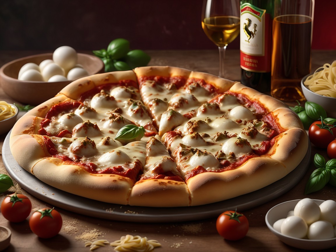 Freshly Baked Pizza with Meatballs and Basil Garnish