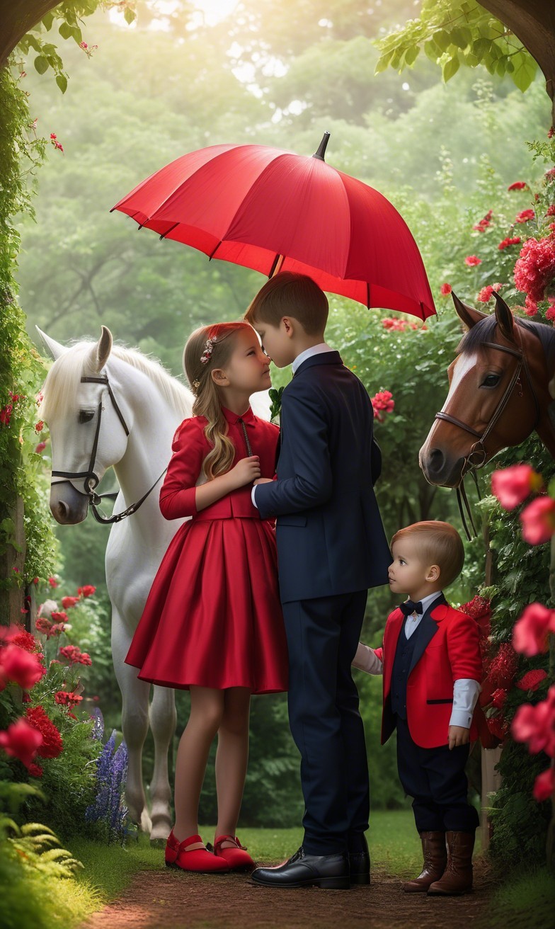 Children in Elegant Attire Under a Red Umbrella
