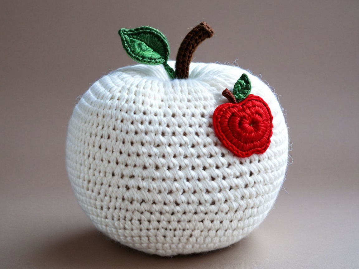Crocheted apple figure with heart and green leaves