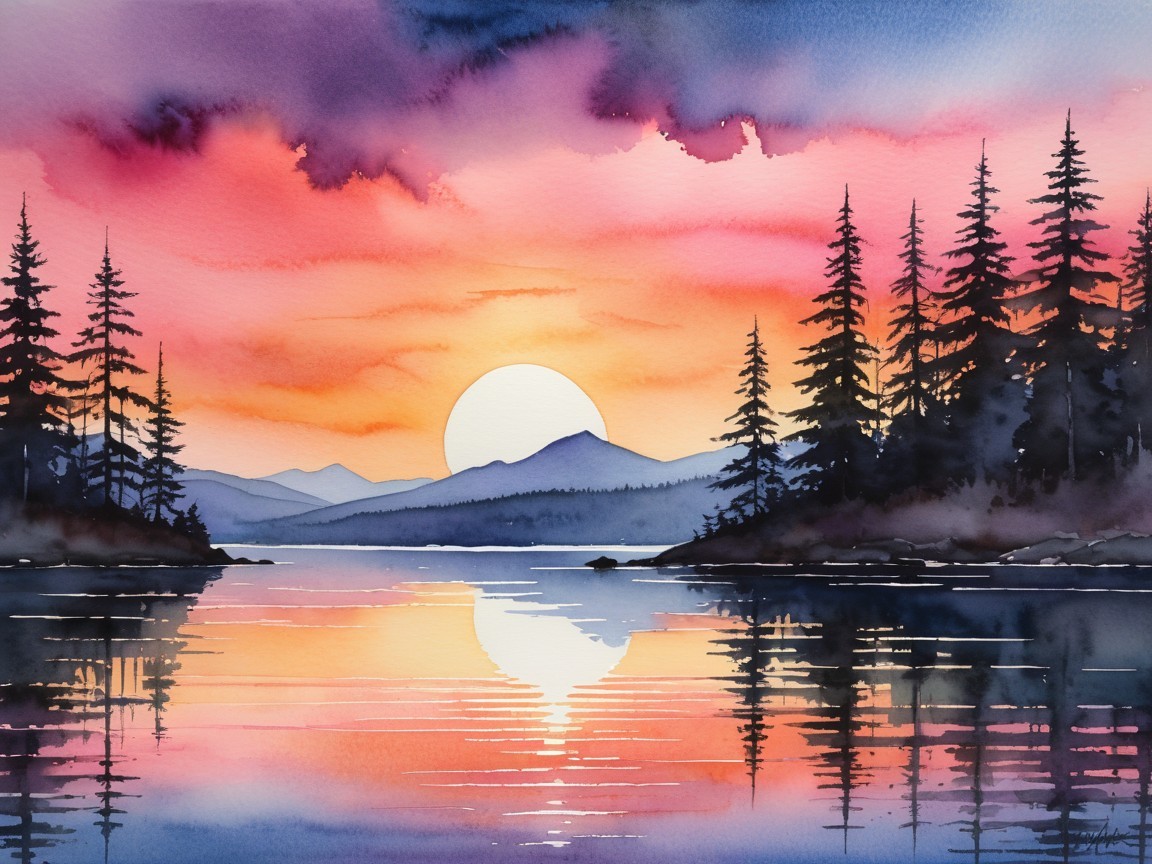 Tranquil Lake at Sunset with Silhouetted Trees