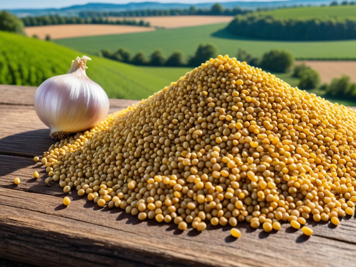 Vibrant Mustard Seeds and Onion on Wooden Surface